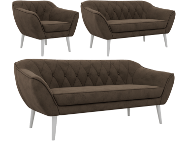 Zestaw PIRS 3+2+1 - brązowy, welwet - nóżki,  biały