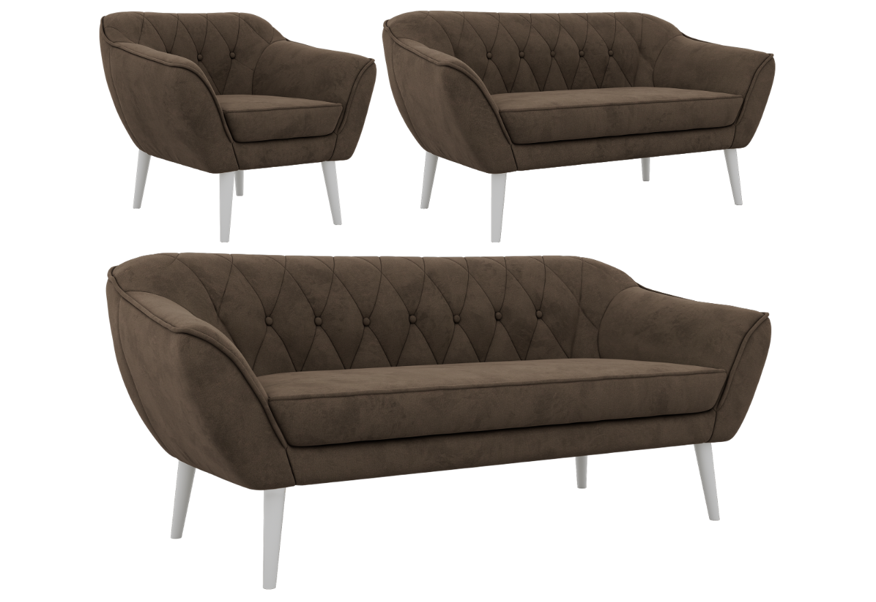 Zestaw PIRS 3+2+1 - brązowy, welwet - nóżki,  biały