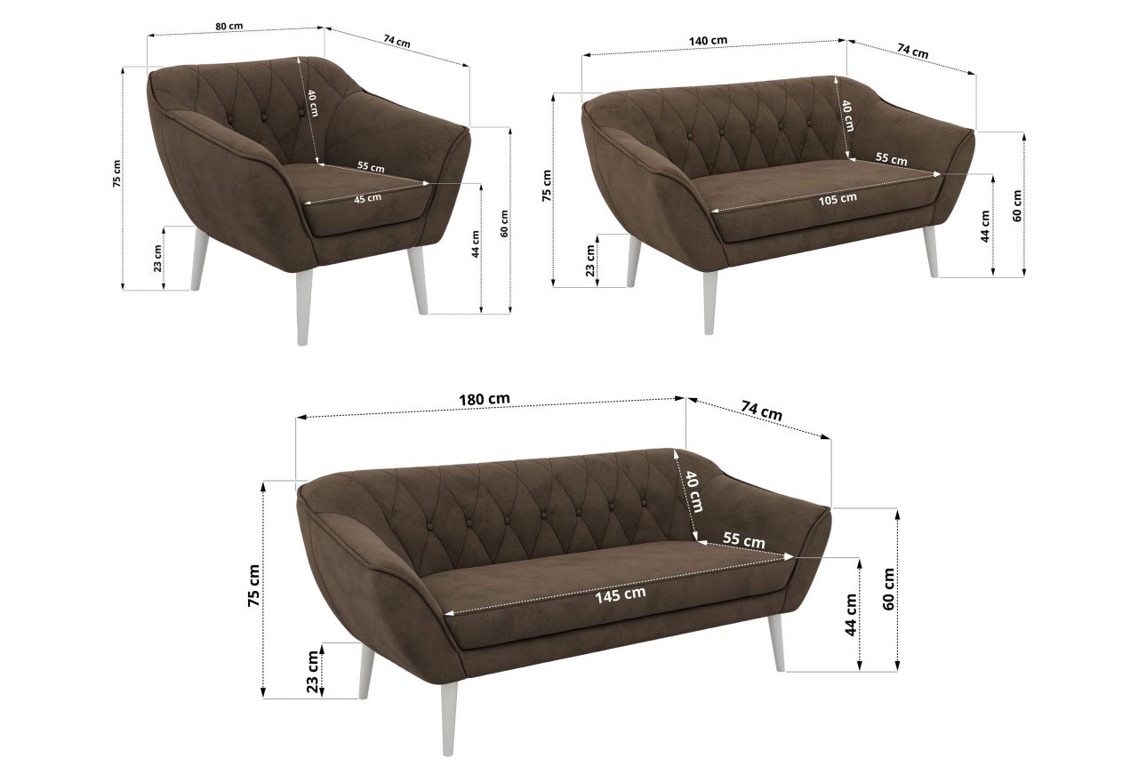 Zestaw PIRS 3+2+1 - brązowy, welwet - nóżki,  biały