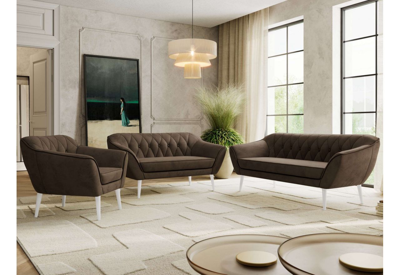 Zestaw PIRS 3+2+1 - brązowy, welwet - nóżki,  biały