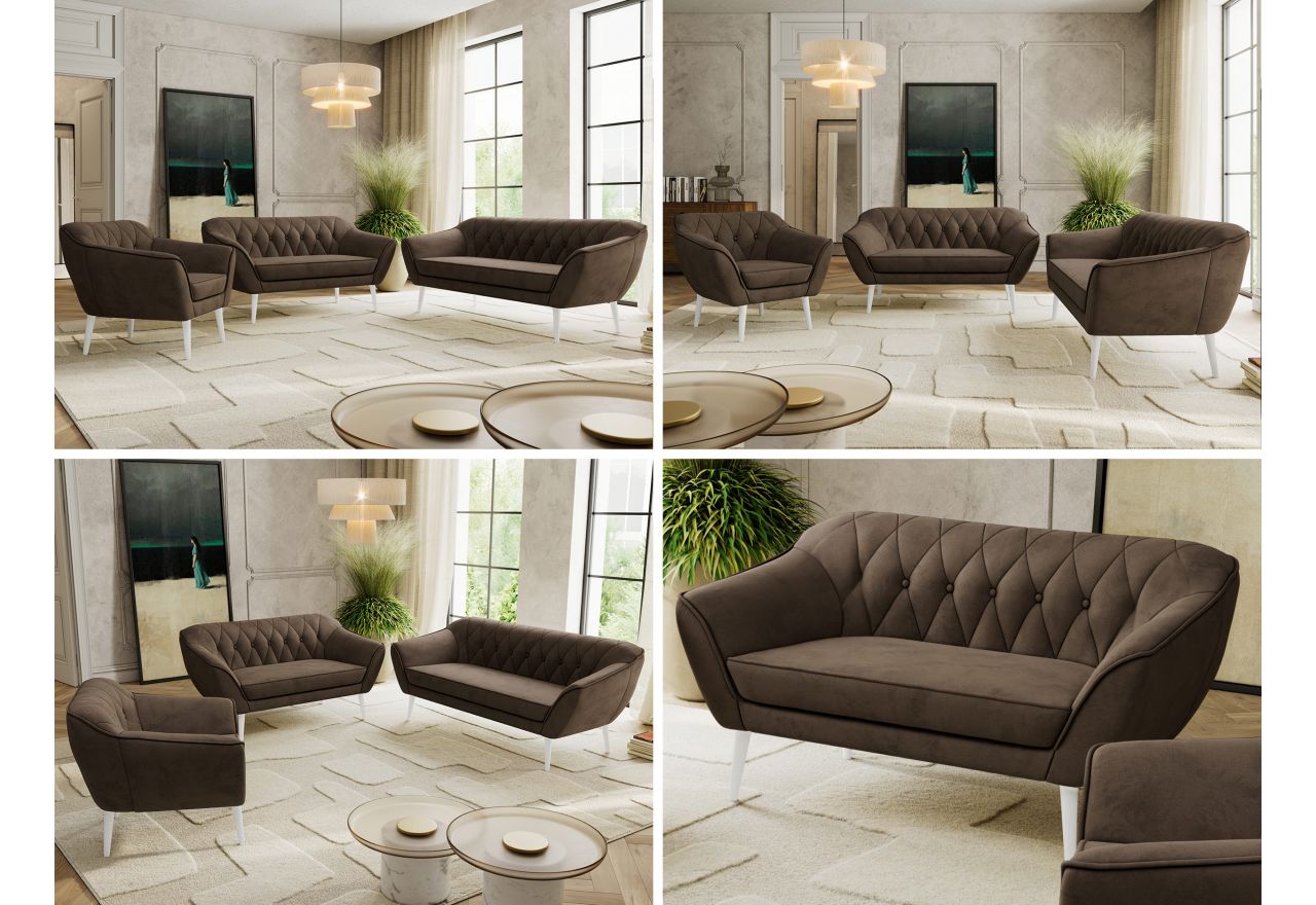 Zestaw PIRS 3+2+1 - brązowy, welwet - nóżki,  biały