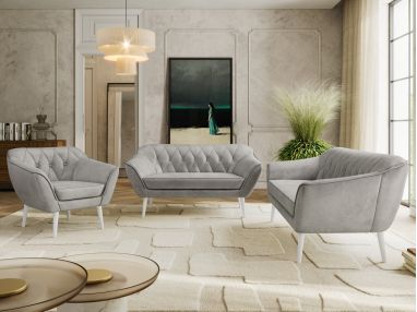 Zestaw PIRS 3+2+1 - jasnoszary, welwet - nóżki,  biały