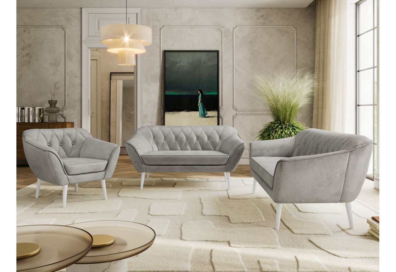 Zestaw PIRS 3+2+1 - jasnoszary, welwet - nóżki,  biały