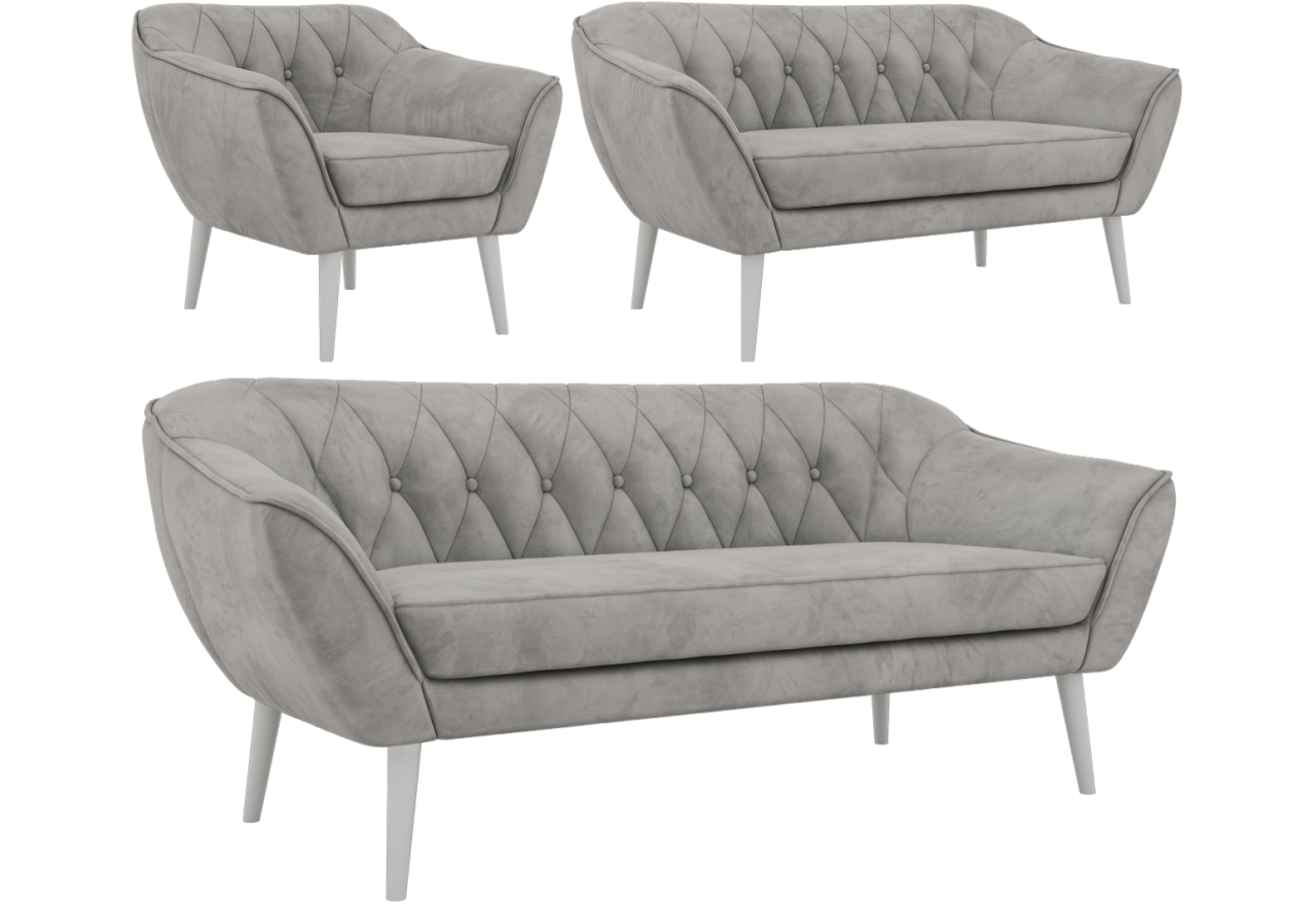 Zestaw PIRS 3+2+1 - jasnoszary, welwet - nóżki,  biały