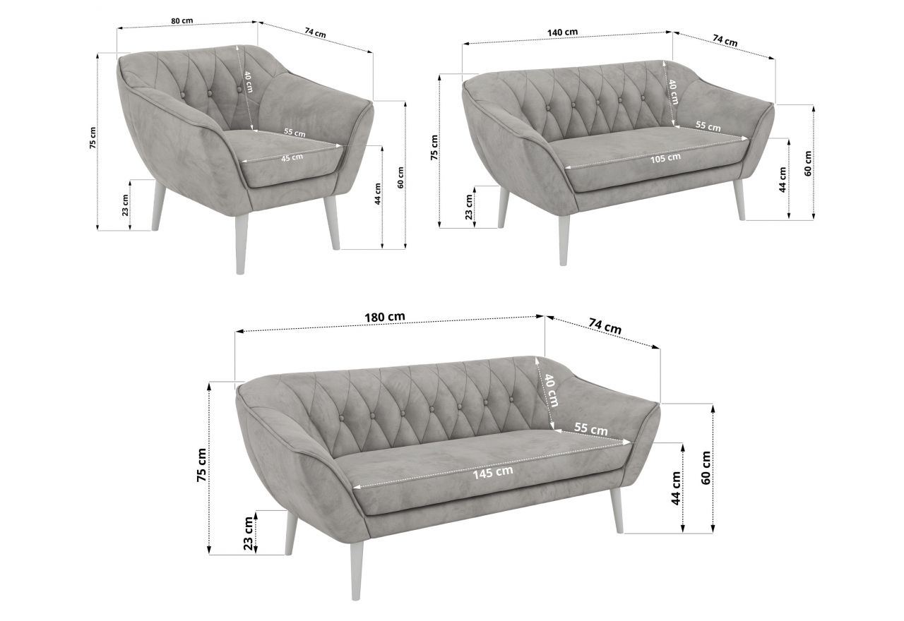 Zestaw PIRS 3+2+1 - jasnoszary, welwet - nóżki,  biały