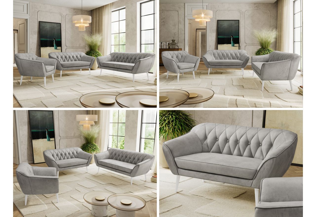 Zestaw PIRS 3+2+1 - jasnoszary, welwet - nóżki,  biały