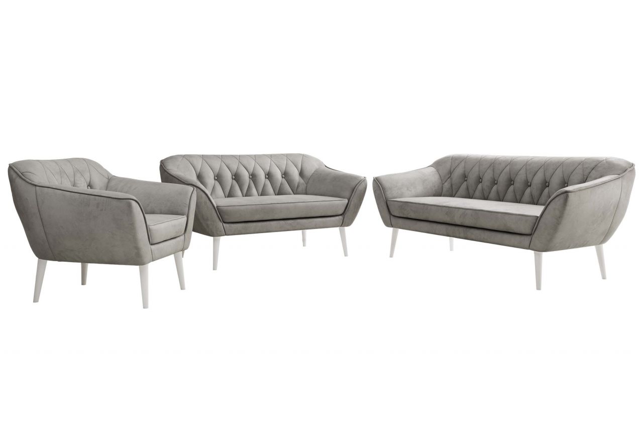 Zestaw PIRS 3+2+1 - jasnoszary, welwet - nóżki,  biały