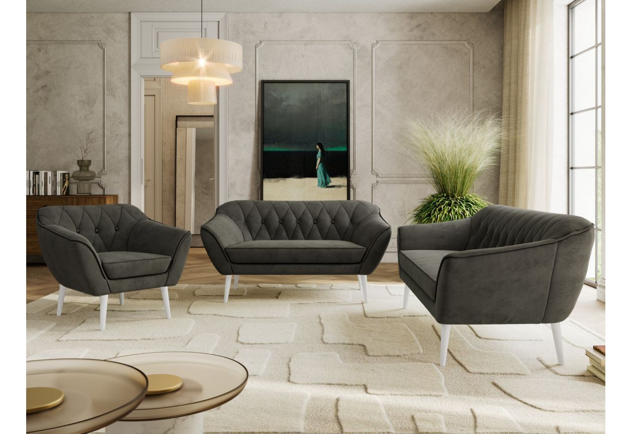 Zestaw PIRS 3+2+1 - ciemnoszary, welwet - nóżki,  biały