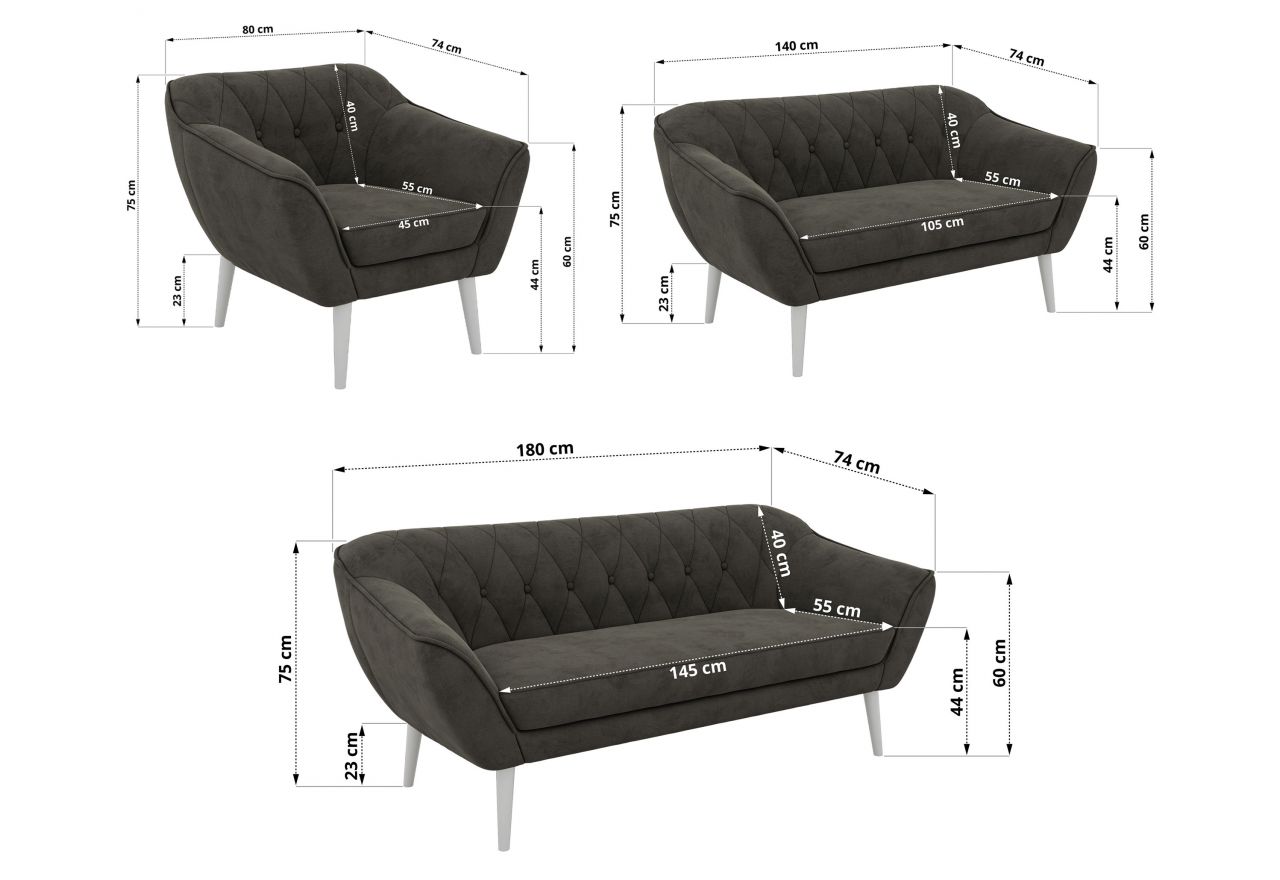 Zestaw PIRS 3+2+1 - ciemnoszary, welwet - nóżki,  biały