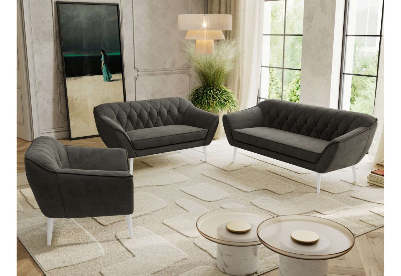 Zestaw PIRS 3+2+1 - ciemnoszary, welwet - nóżki,  biały