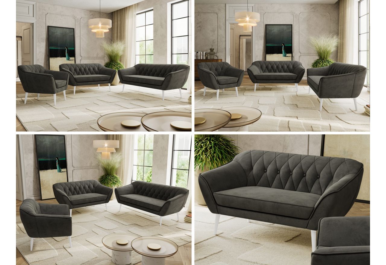 Zestaw PIRS 3+2+1 - ciemnoszary, welwet - nóżki,  biały