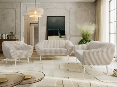 Zestaw PIRS 3+2+1 - beżowy, sztruks - nóżki,  biały