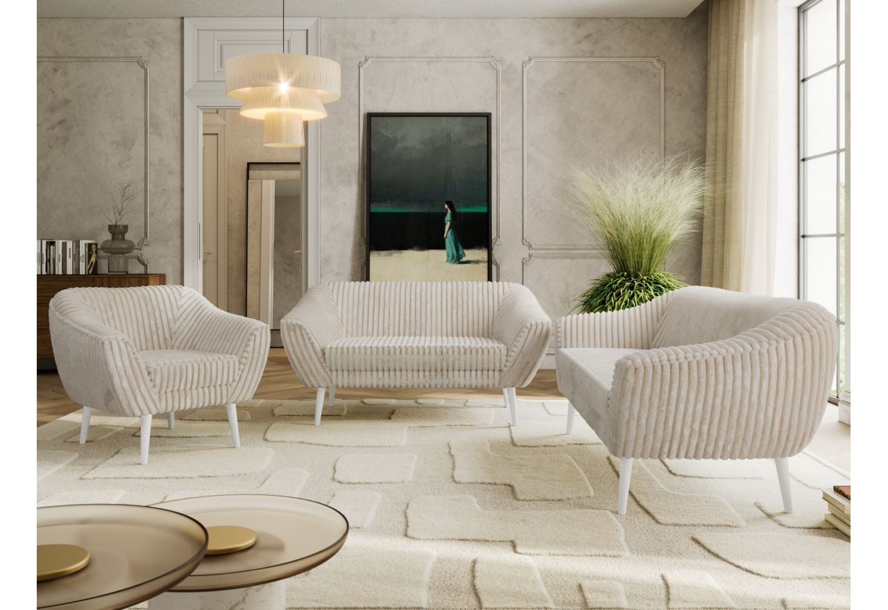 Zestaw PIRS 3+2+1 - beżowy, sztruks - nóżki,  biały