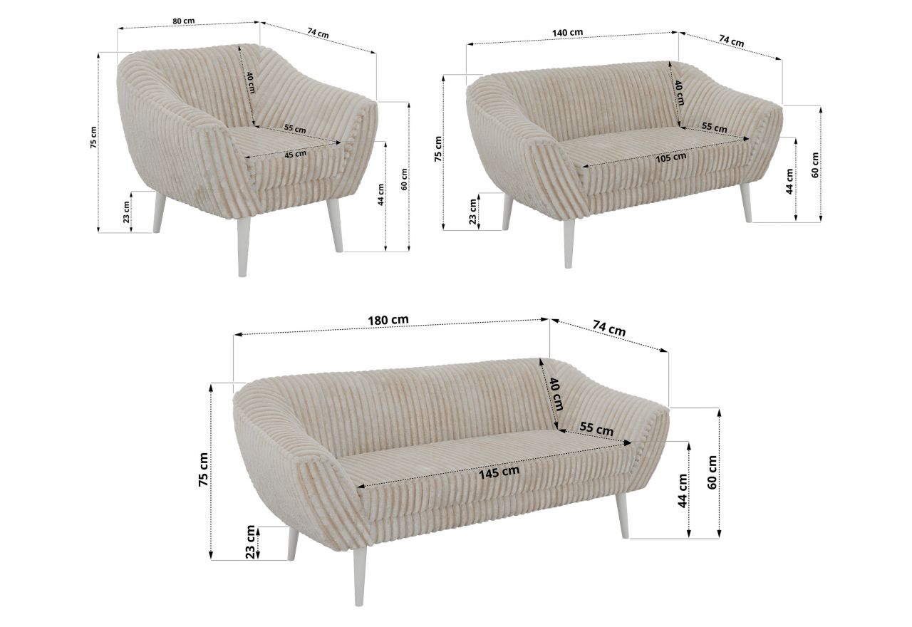 Zestaw PIRS 3+2+1 - beżowy, sztruks - nóżki,  biały