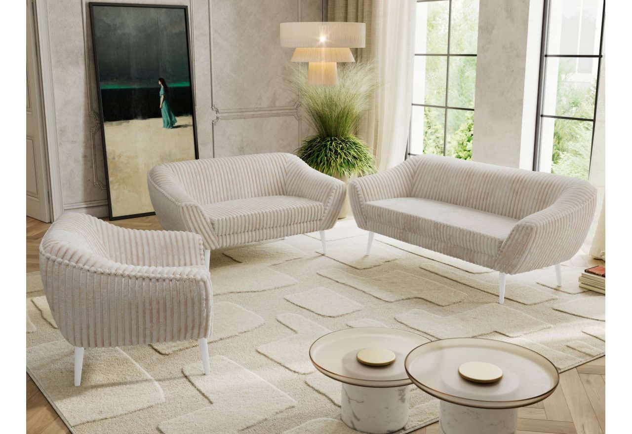 Zestaw PIRS 3+2+1 - beżowy, sztruks - nóżki,  biały