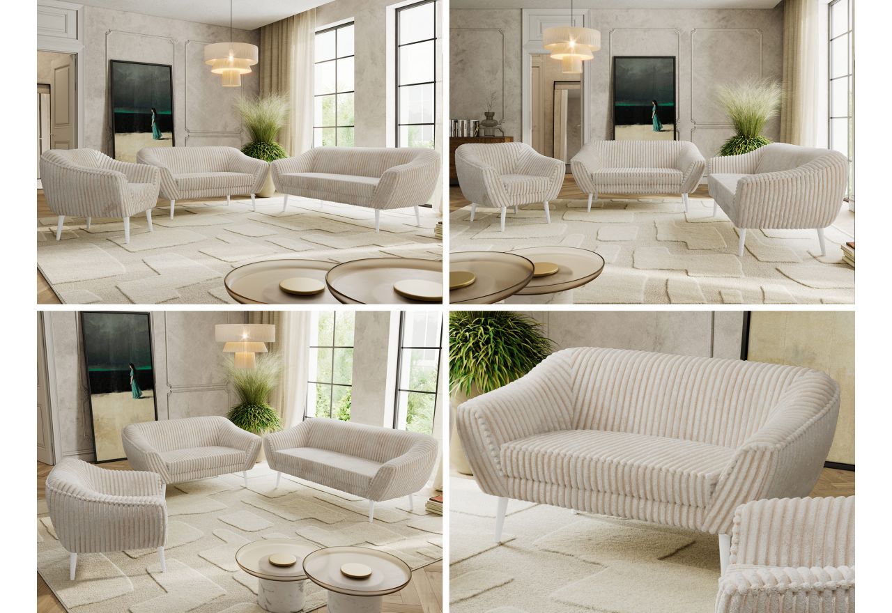 Zestaw PIRS 3+2+1 - beżowy, sztruks - nóżki,  biały