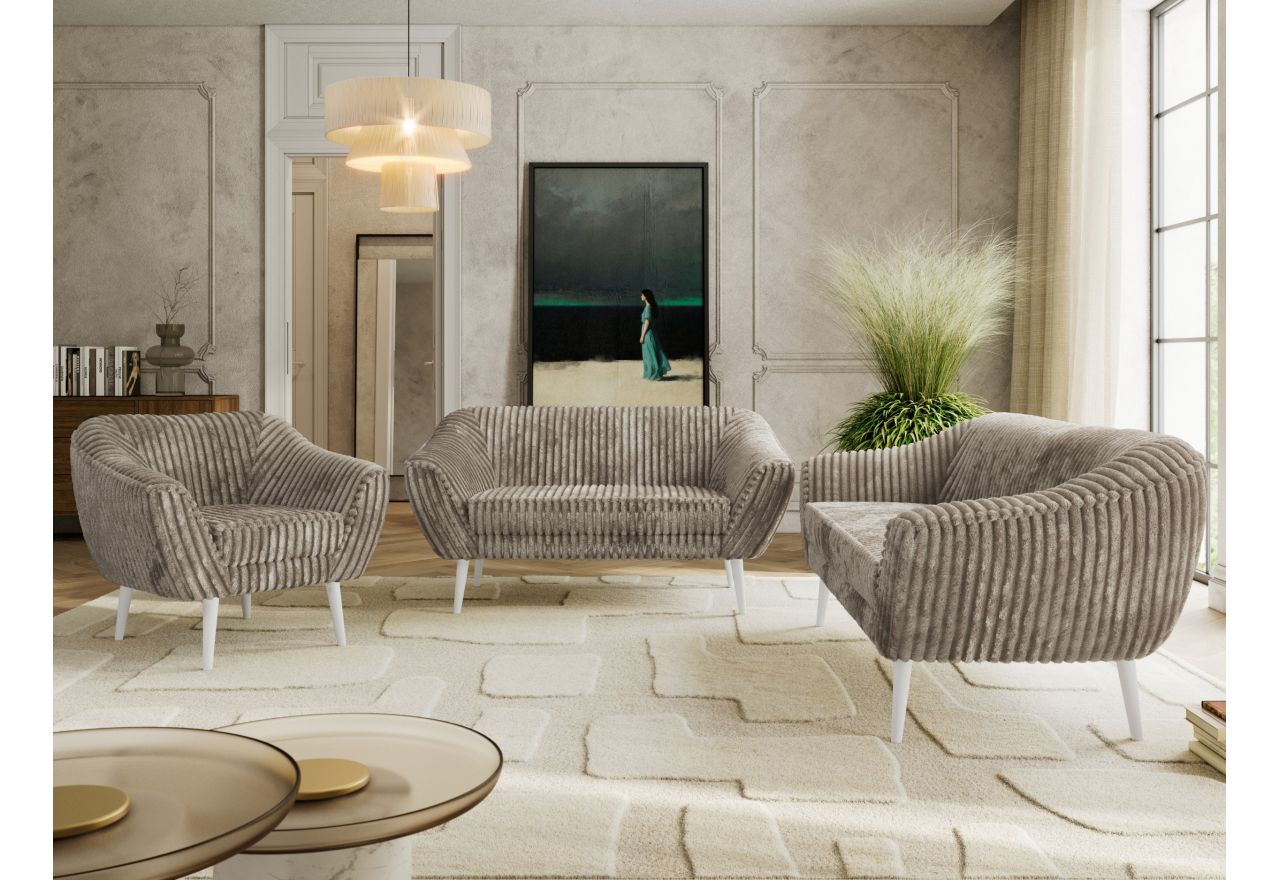 Zestaw PIRS 3+2+1 - jasnobrązowy, sztruks - nóżki,  biały