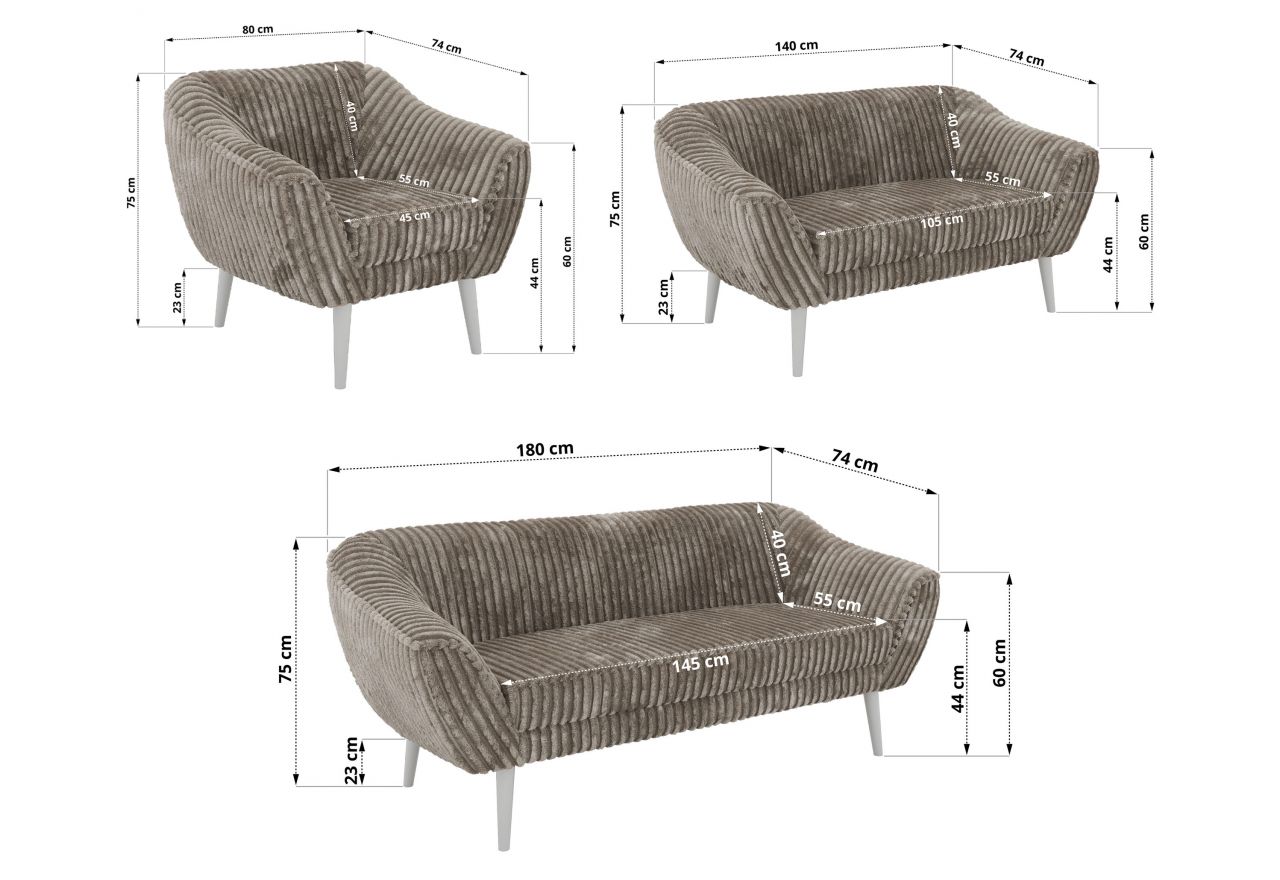 Zestaw PIRS 3+2+1 - jasnobrązowy, sztruks - nóżki,  biały