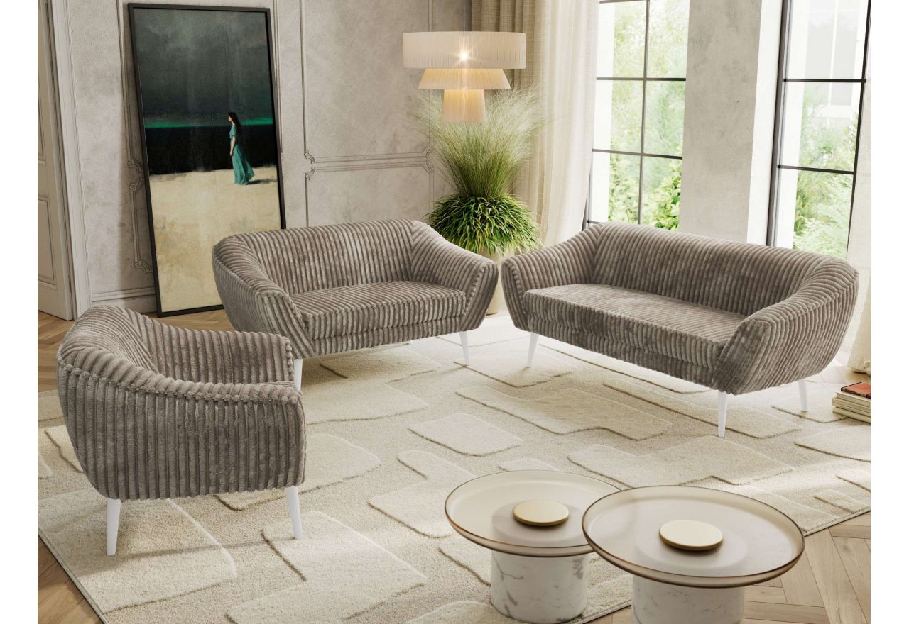 Zestaw PIRS 3+2+1 - jasnobrązowy, sztruks - nóżki,  biały