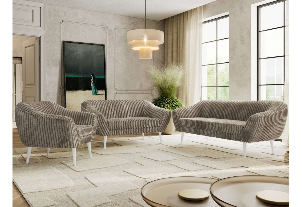 Zestaw PIRS 3+2+1 - jasnobrązowy, sztruks - nóżki,  biały