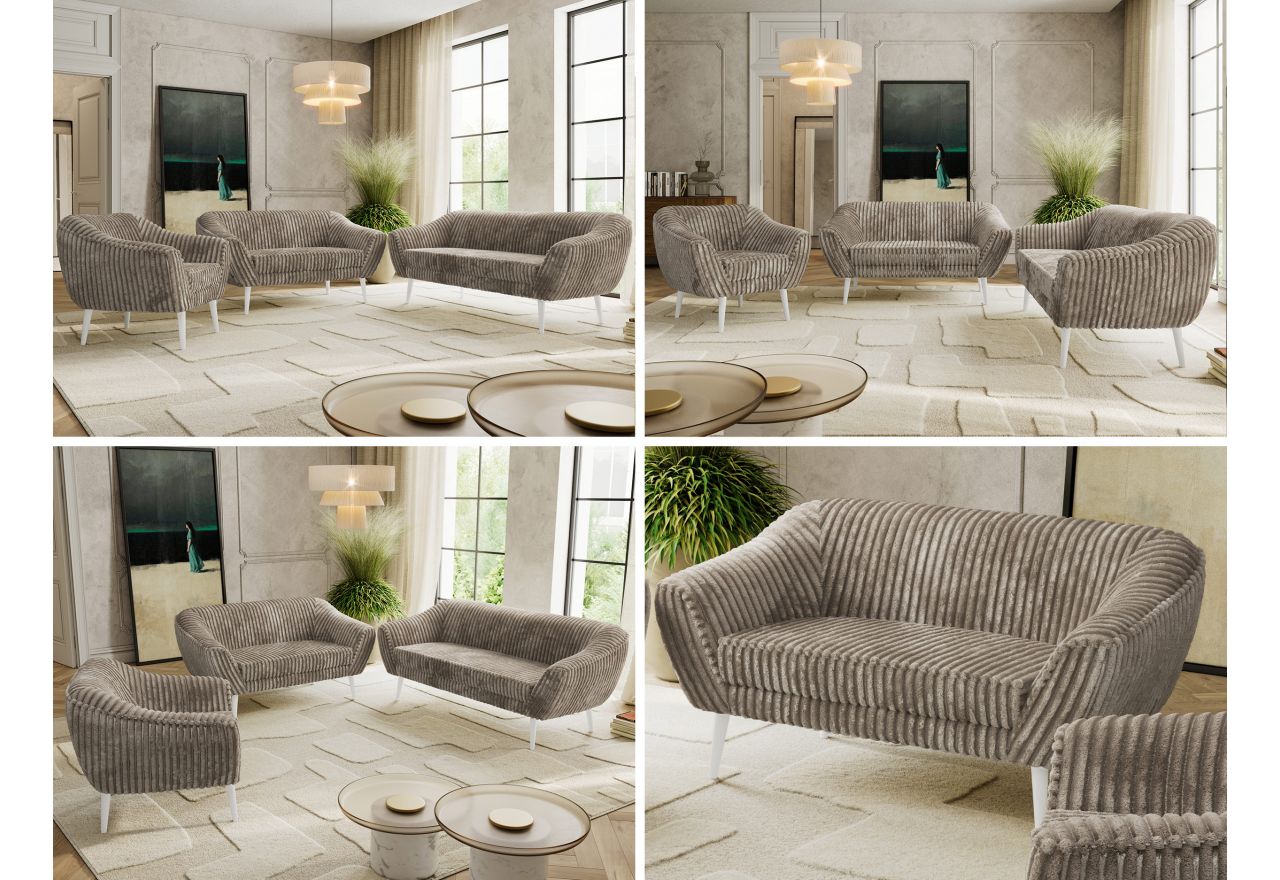 Zestaw PIRS 3+2+1 - jasnobrązowy, sztruks - nóżki,  biały