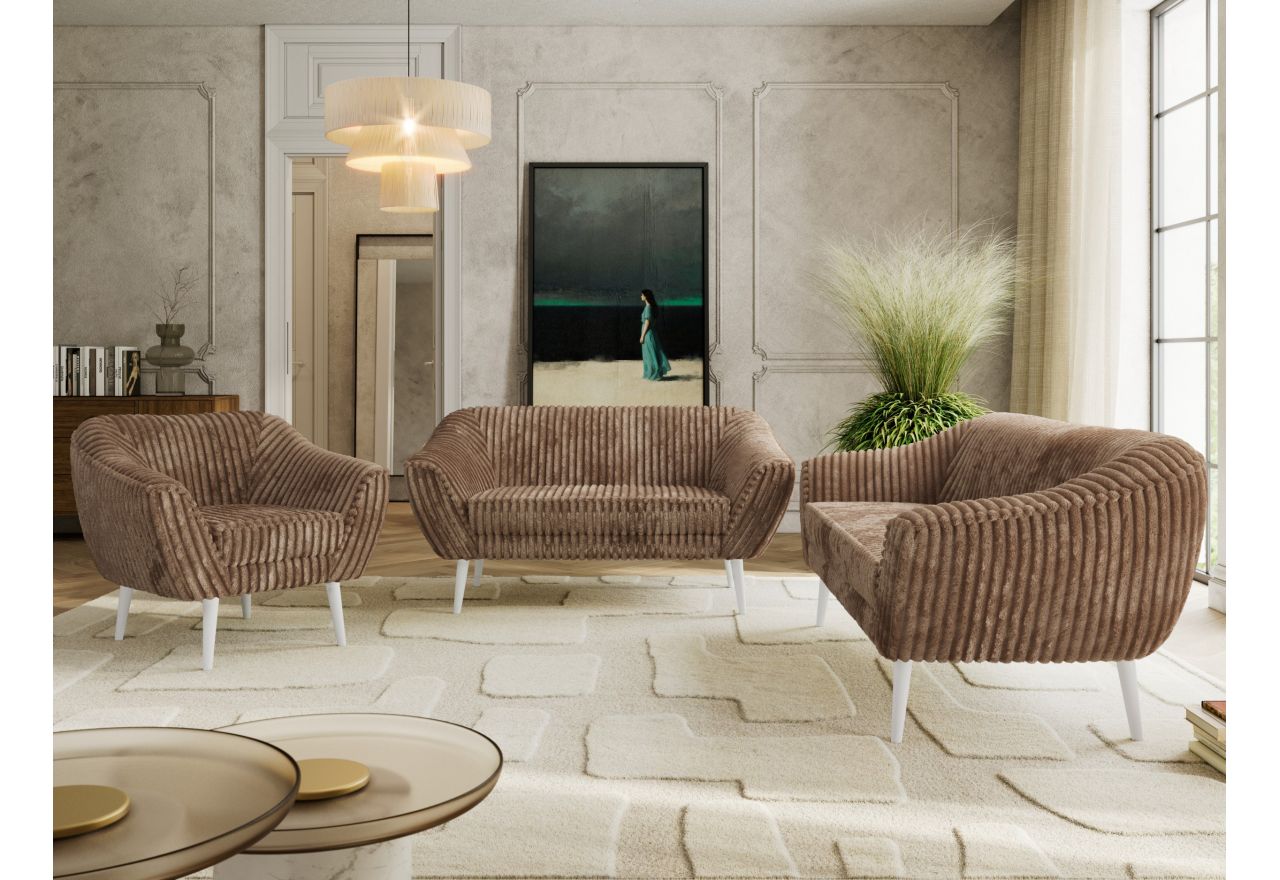 Zestaw PIRS 3+2+1 - brązowy, sztruks - nóżki,  biały