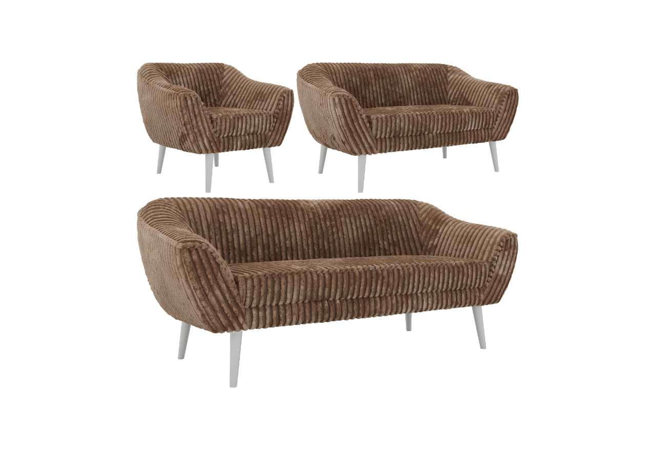 Zestaw PIRS 3+2+1 - brązowy, sztruks - nóżki,  biały