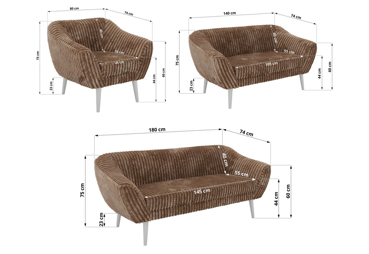 Zestaw PIRS 3+2+1 - brązowy, sztruks - nóżki,  biały