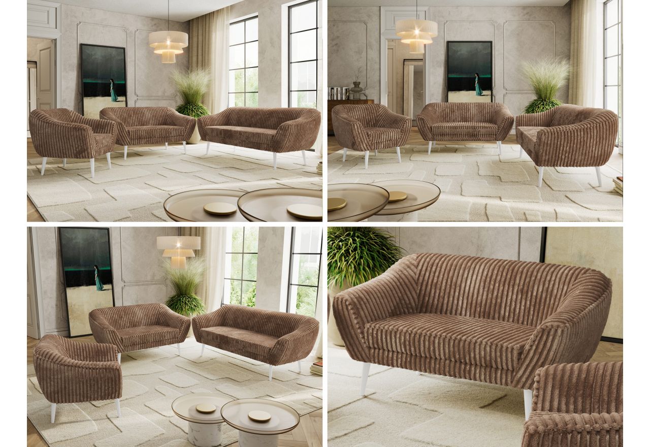 Zestaw PIRS 3+2+1 - brązowy, sztruks - nóżki,  biały