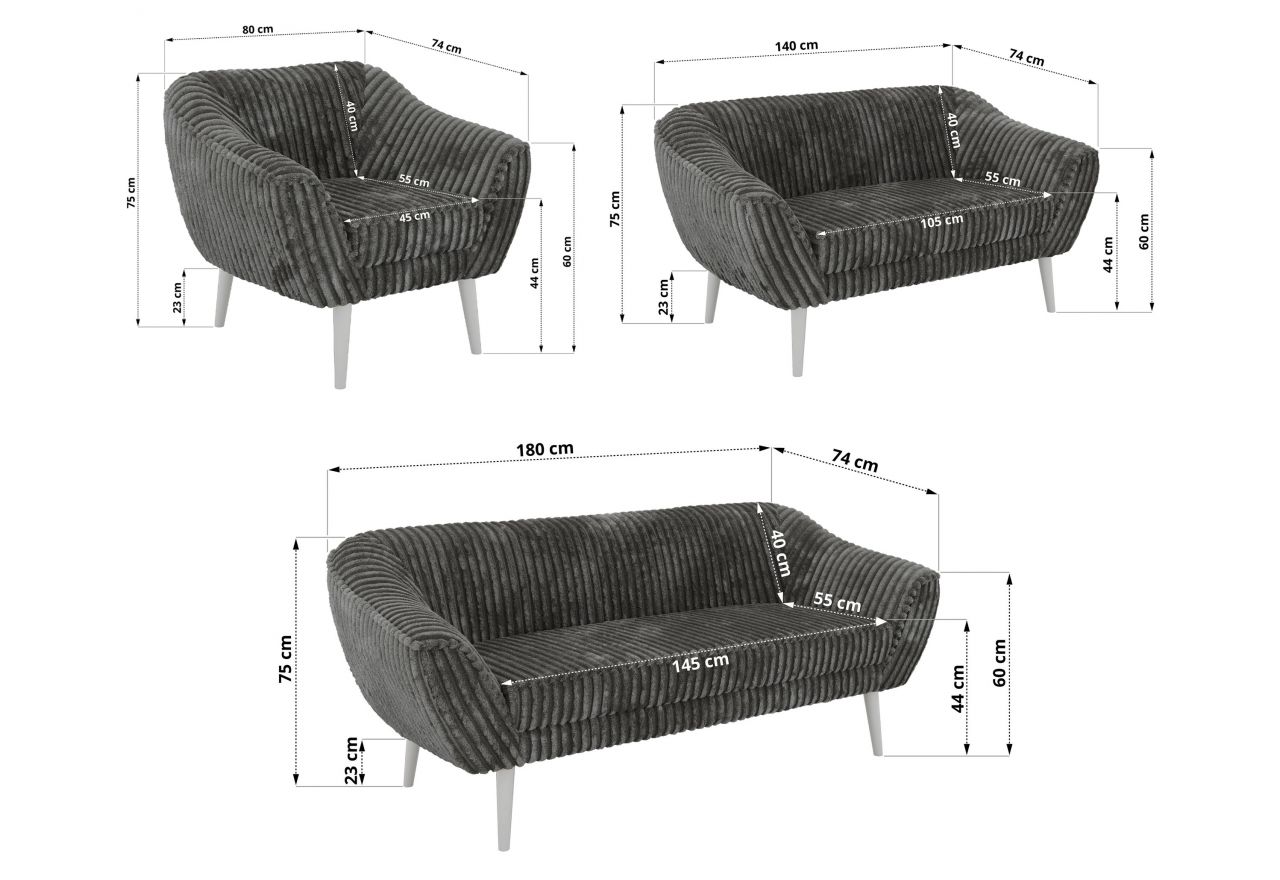 Zestaw PIRS 3+2+1 - szary, sztruks - nóżki,  biały