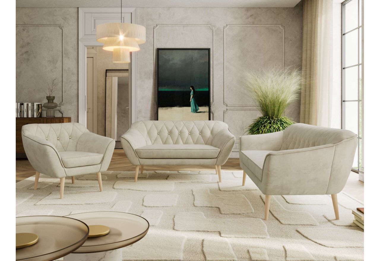 Zestaw PIRS 3+2+1 - kremowy, welwet - nóżki,  buk