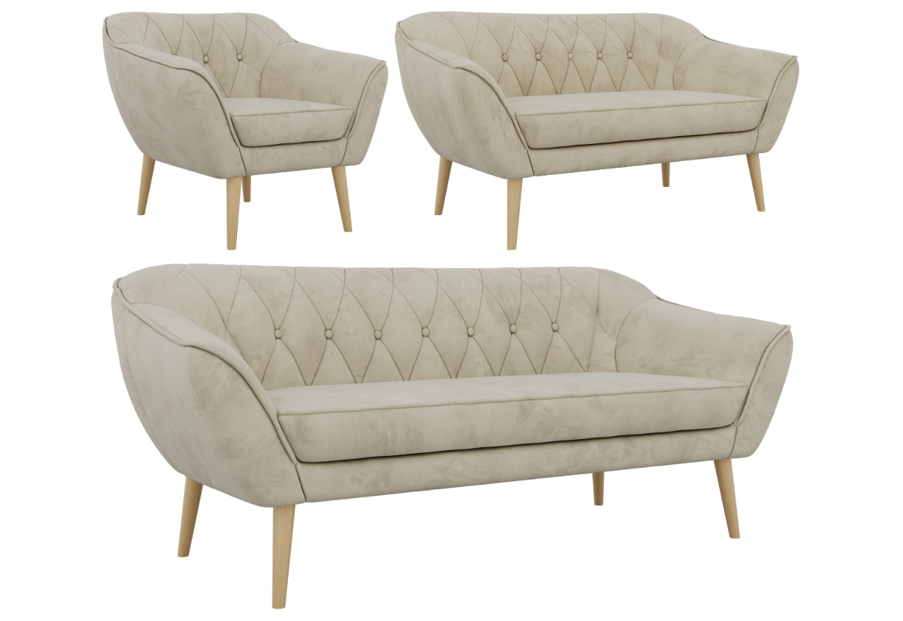 Zestaw PIRS 3+2+1 - kremowy, welwet - nóżki,  buk