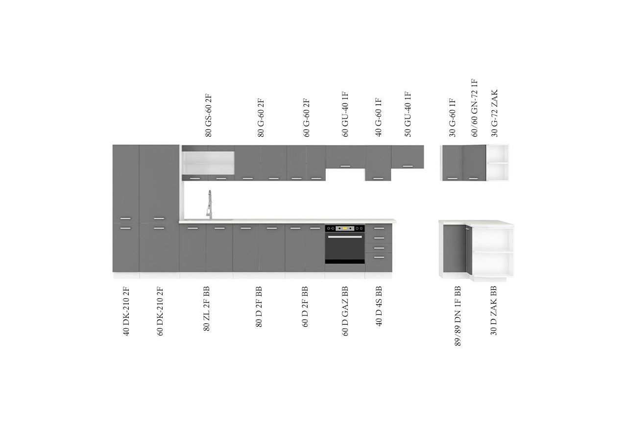 Modułowe meble kuchenne, zestaw do kuchni w połysku 260 cm SANTOS - Biały / szary połysk