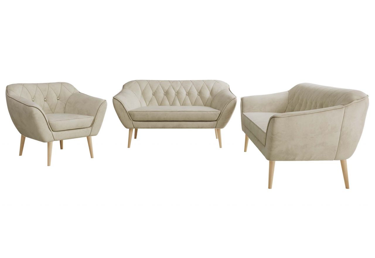 Zestaw PIRS 3+2+1 - kremowy, welwet - nóżki,  buk