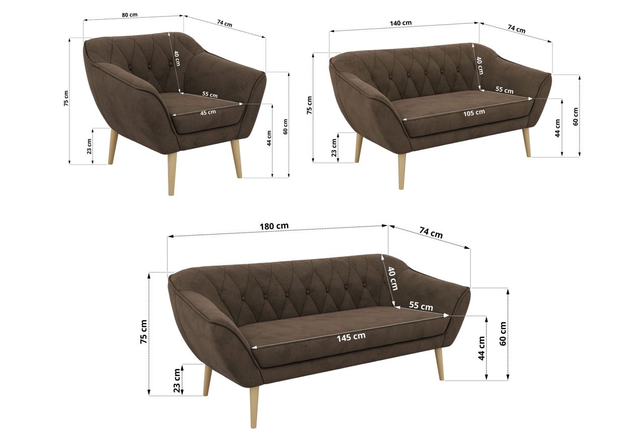 Zestaw PIRS 3+2+1 - brązowy, welwet - nóżki,  buk