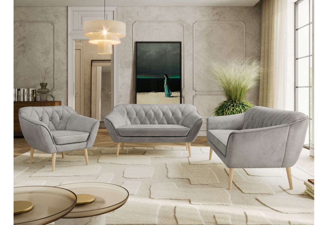 Zestaw PIRS 3+2+1 - jasnoszary, welwet - nóżki,  buk