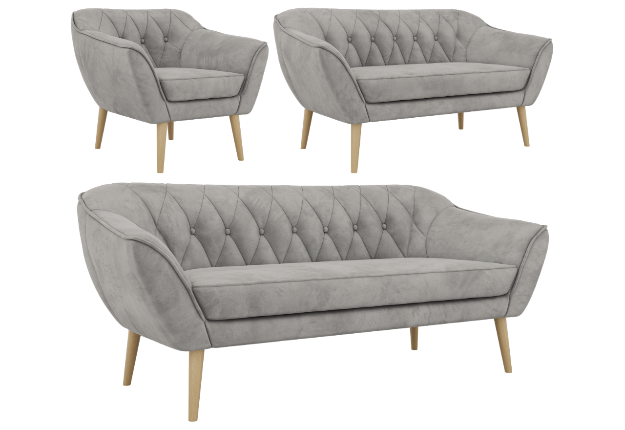 Zestaw PIRS 3+2+1 - jasnoszary, welwet - nóżki,  buk