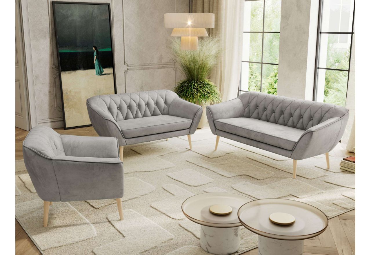 Zestaw PIRS 3+2+1 - jasnoszary, welwet - nóżki,  buk