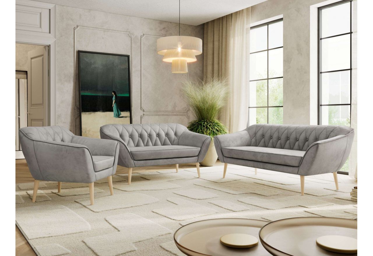 Zestaw PIRS 3+2+1 - jasnoszary, welwet - nóżki,  buk