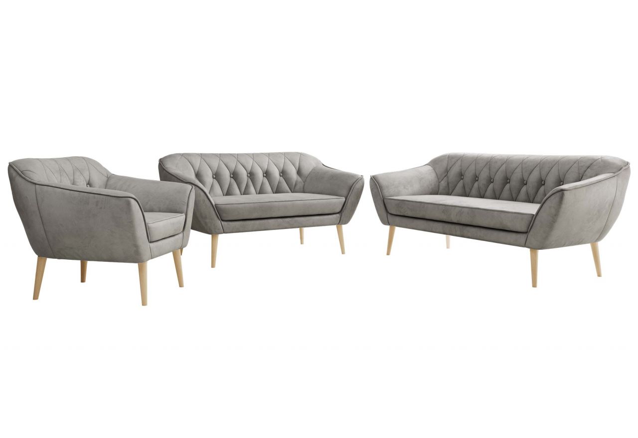 Zestaw PIRS 3+2+1 - jasnoszary, welwet - nóżki,  buk