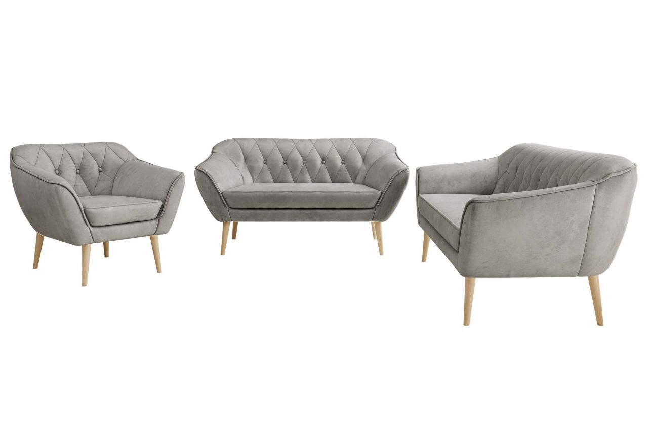 Zestaw PIRS 3+2+1 - jasnoszary, welwet - nóżki,  buk