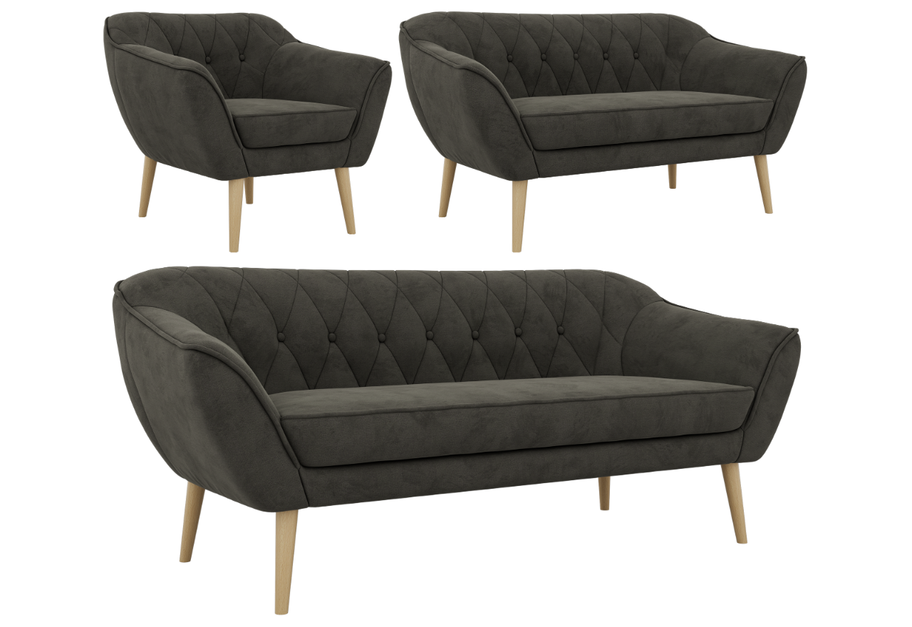 Zestaw PIRS 3+2+1 - ciemnoszary, welwet - nóżki,  buk