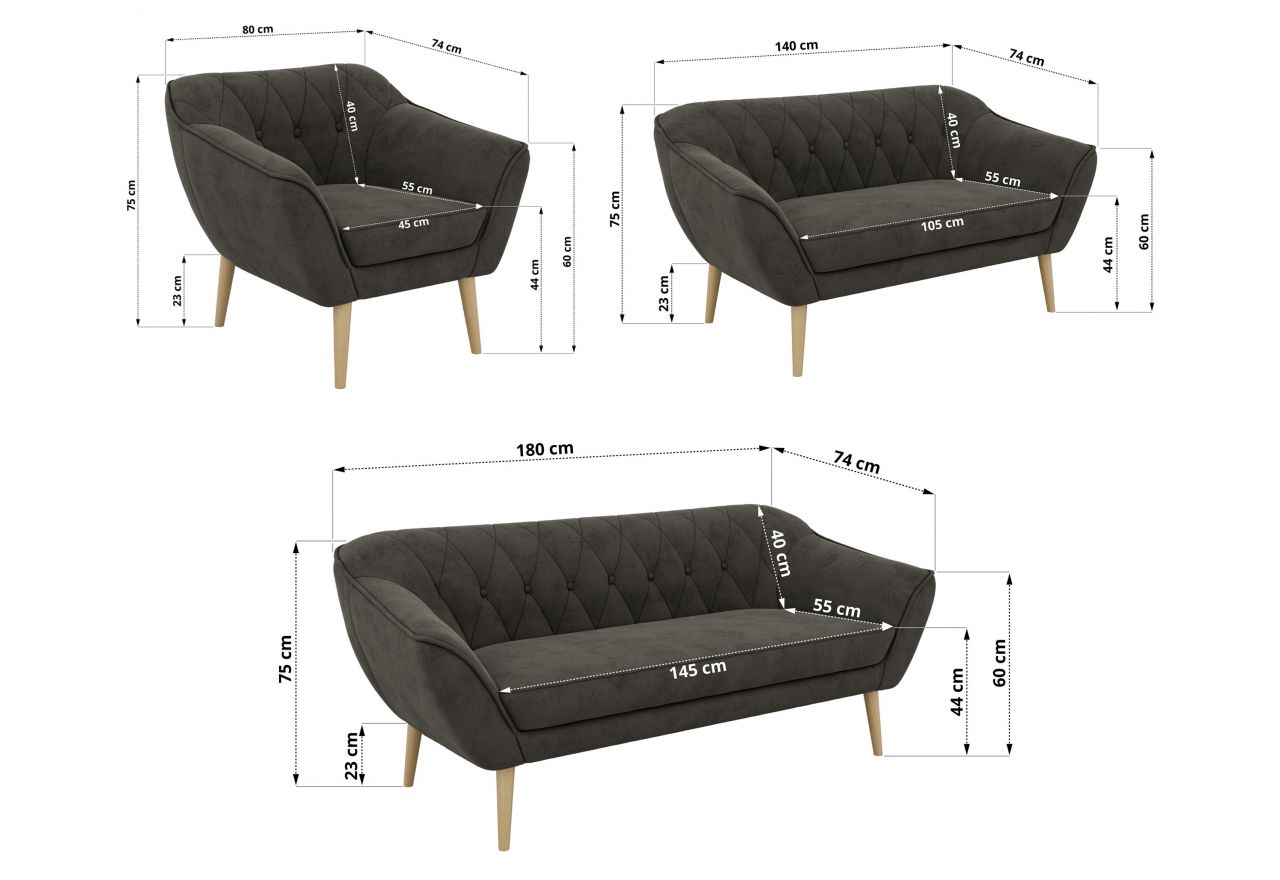Zestaw PIRS 3+2+1 - ciemnoszary, welwet - nóżki,  buk