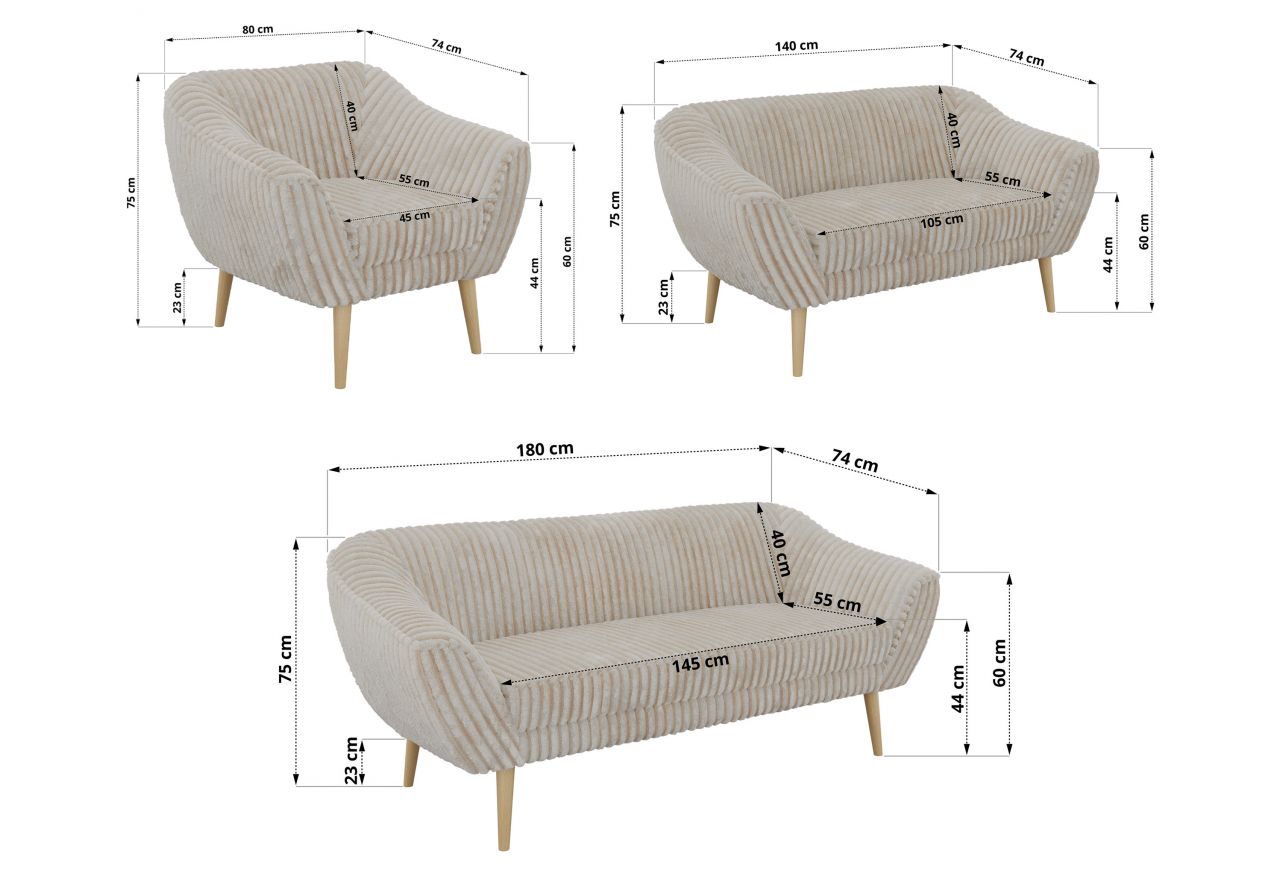 Zestaw PIRS 3+2+1 - beżowy, sztruks - nóżki,  buk