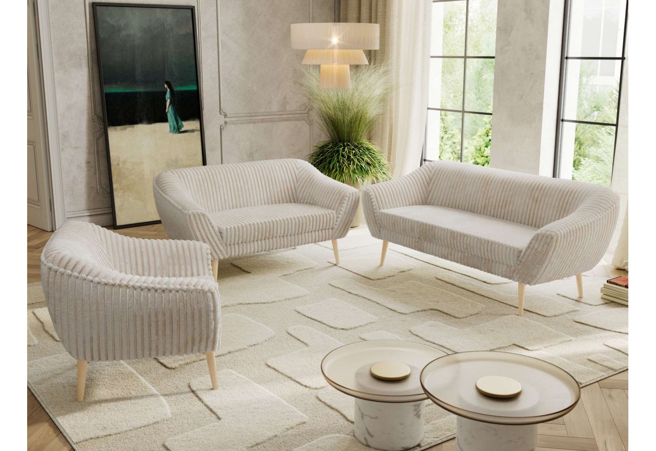 Zestaw PIRS 3+2+1 - beżowy, sztruks - nóżki,  buk