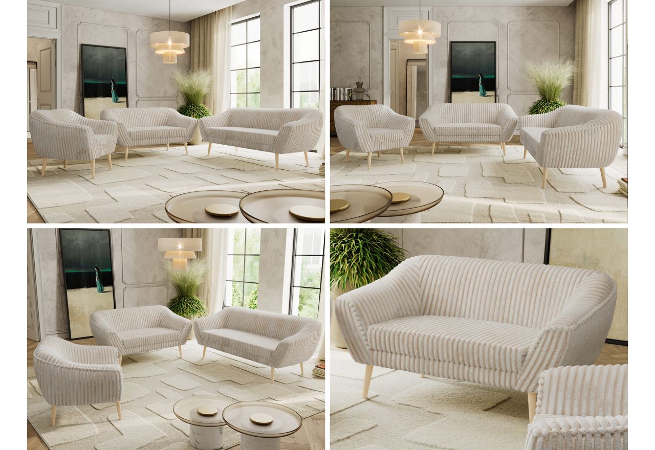 Zestaw PIRS 3+2+1 - beżowy, sztruks - nóżki,  buk