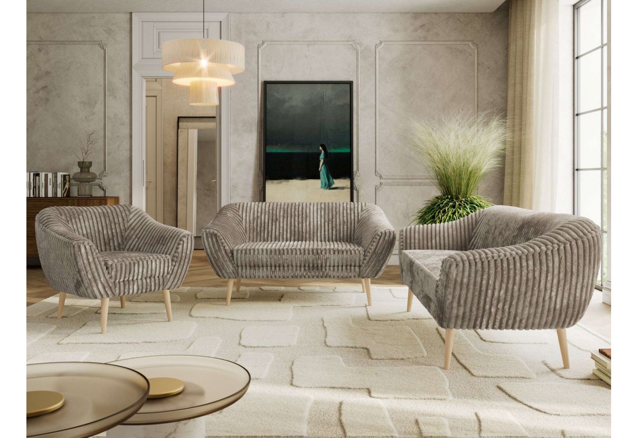 Zestaw PIRS 3+2+1 - jasnobrązowy, sztruks - nóżki,  buk