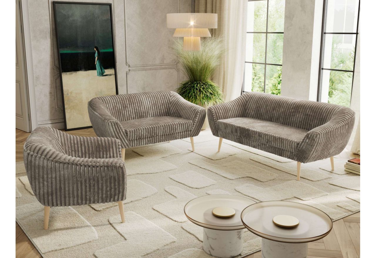 Zestaw PIRS 3+2+1 - jasnobrązowy, sztruks - nóżki,  buk