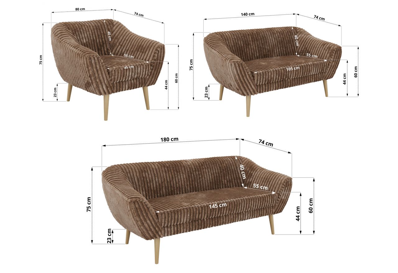 Zestaw PIRS 3+2+1 - brązowy, sztruks - nóżki,  buk