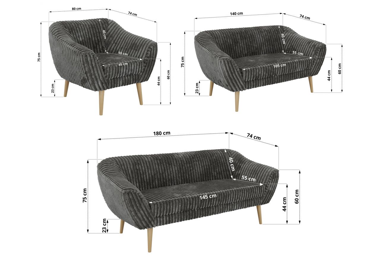 Zestaw PIRS 3+2+1 - szary, sztruks - nóżki,  buk